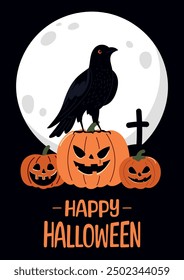 Halloween card featuring a black raven on pumpkins under a full moon.