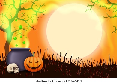 Halloween card with a field for your text, poster cover or banner. Cauldron with potion, pumpkin, and skull against the moon. Halloween illustration. Vector graphics