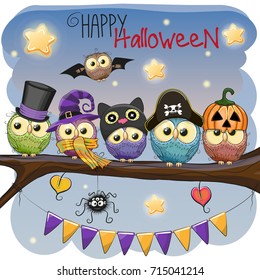 Halloween card Five owls on the branch