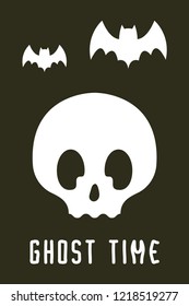 Halloween card. Flat brainpan and bat icon in white color on black background. Creative fun illustration.