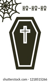 Halloween card. Flat coffin and net icon in black color on white background. Creative fun illustration.