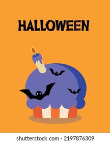 Halloween Card flat design w\th a cute Cupcake, candle, and Bat