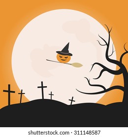 Halloween card with flying pumpkin with broom