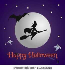 Halloween card with flying witch, ghost and bat