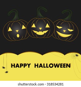Halloween card with funny black pumpkin and spiders. Vector illustration.