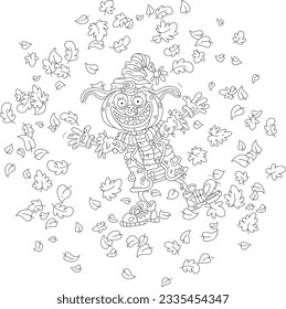 Halloween card of a funny scarecrow with a pumpkin had walking among flying autumn leaves on a dark holiday night, black and white outline vector cartoon illustration for a coloring book