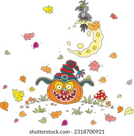 Halloween card with a funny smiling pumpkin in an old witch hat among flying colorful leaves and a black crow perched on the Moon on a dark autumn night, vector cartoon illustration