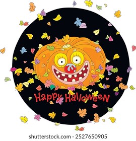 Halloween card with a funny smiling pumpkin among fallen and flying colorful autumn leaves, vector cartoon illustration isolated on a white background