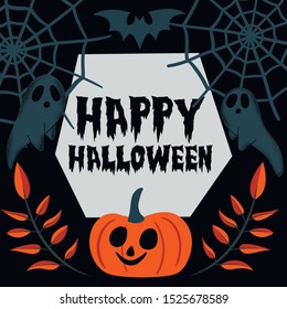 Halloween card with geometric frame. Ghost, pumpkin, spider web, autumn leaves, bat. Place for your text