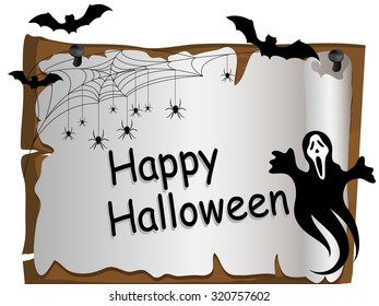Halloween card with ghost, bats and spider web