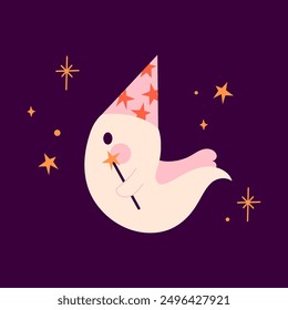 Halloween card with ghost character. Halloween phantom, spirit. Happy holiday, Halloween for kids. Vector illustration in flat style 