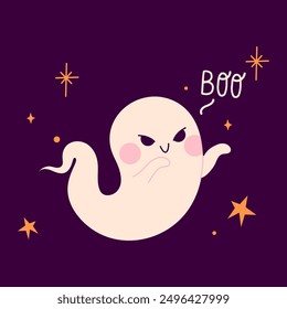 Halloween card with ghost character. Halloween phantom, spirit. Happy holiday, Halloween for kids. Vector illustration in flat style 