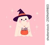 Halloween card with ghost character in witch hat and pumpkin. Halloween phantom, spirit. Happy holiday, Halloween for kids. Vector illustration in flat style