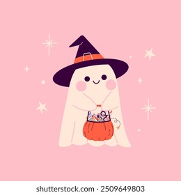 Halloween card with ghost character in witch hat and pumpkin. Halloween phantom, spirit. Happy holiday, Halloween for kids. Vector illustration in flat style