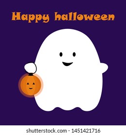 Halloween card. Ghost with pumpkin lamp. Happy halloween postcard. Vector