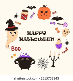 Halloween card. Ghost, pumpkin, skull, potion, candles, sweets, bats. Flat vector illustration.