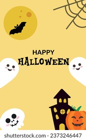 Halloween card with a ghost and a scary castle. Vector design for banner, poster, card for Halloween.