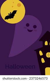 Halloween card with ghost, scary castle and moon. Vector illustration concept for Halloween banner, posters, cards.