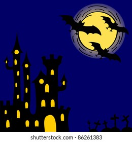 Halloween card with ghosts castle
