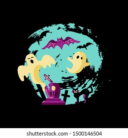 Halloween card with ghosts. Flat style vector illustration. Great for party invitation, flyer, greeting card, web, postcard, t-shirt design, print.