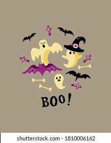 Halloween card with ghosts. Flat style vector illustration. Great for party invitation, flyer, greeting card, prints.