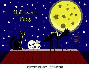 Halloween card with ghosts and a frightened cat. Moonlit Night. On the roof of the house. Starry sky.