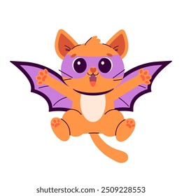 Halloween card with сute ginger cat in a bat costume. Halloween sticker. Happy holiday. Happy Halloween, Halloween for kids. Vector illustration in flat style	
