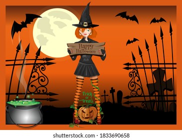 Halloween card with a girl in the cemetery in a witch costume. Halloween banner, flyer. Vector illustration