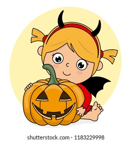 halloween card. girl dressed up as a demon with a pumpkin