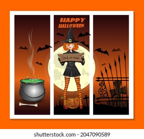 Halloween card with a girl dressed as a witch and other attributes of the holiday. Vector illustration