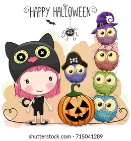 Halloween card with girl and owls on a yellow background