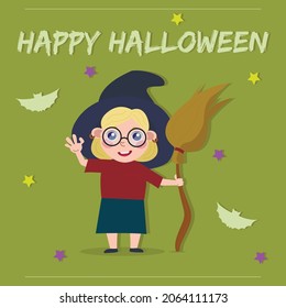 Halloween card! A girl in a witch costume! He holds a broom next to him. Around the stars and bats. The inscription "Happy Halloween"!