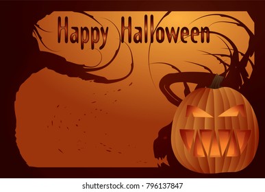 Halloween card with glowing creepy carved pumpkin and scary background orange and dark brown vector. 