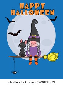 Halloween card. Gnome witch flying with a broom next to a black cat