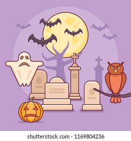 Halloween card with graves, ghost, pumpkin, owl and bats. Night cemetery vector illustration. Flat line design.