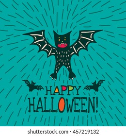 Halloween card with hand drawn bat in cute cartoon characters on turquoise background. Vector hand drawn illustration.