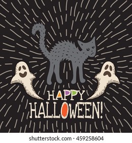 Halloween card with hand drawn black cat and ghosts on black background. Vector hand drawn illustration.