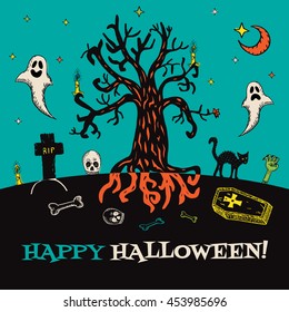 Halloween card with hand drawn cemetery landscape and scary elements on turquoise background. Vector hand drawn illustration.