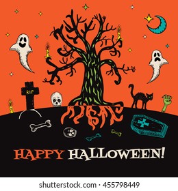Halloween card with hand drawn cemetery landscape and scary elements on orange background. Vector hand drawn illustration.