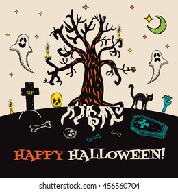 Halloween card with hand drawn cemetery landscape and scary elements on beige background. Vector hand drawn illustration.