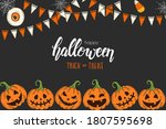 Halloween card with hand drawn colored pumpkins Jack,candy roots and festive garlands. Sketch, lettering- "Trick or Treat". Halloween banner, flyer, brochure. Advertising