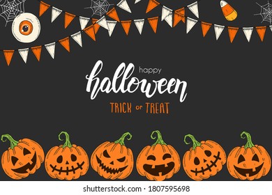 Halloween card with hand drawn colored pumpkins Jack,candy roots and festive garlands. Sketch, lettering- "Trick or Treat". Halloween banner, flyer, brochure. Advertising