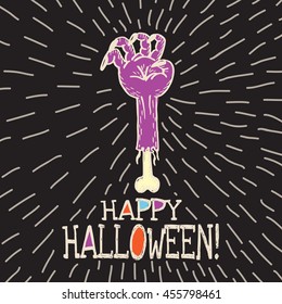 Halloween card with hand drawn dead man's arm on black background. Vector hand drawn illustration.