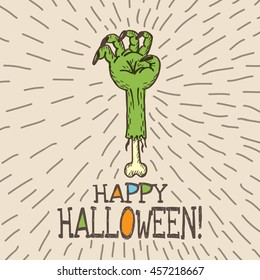 Halloween card with hand drawn dead man's arm on beige background. Vector hand drawn illustration.