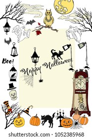 Halloween Card with  hand drawn elements. Halloween decorations with  pumpkin, cat, ghost, hours, castle, moon and trees. Vector Illustration