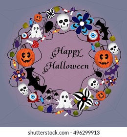 Halloween card with hand drawn elements: web, leaves, pumpkin, skull, bat, spider, ghost, mushroom and others. EPS 10.