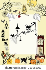 Halloween Card with  hand drawn elements. Halloween decorations with  pumpkin, cat, ghost, hours, castle, moon and trees. Vector Illustration