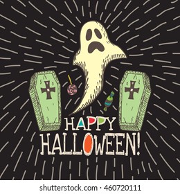 Halloween card with hand drawn ghost, coffins and candy on black background. Vector hand drawn illustration.