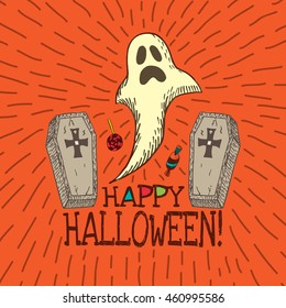 Halloween card with hand drawn ghost, coffins and candy on orange background. Vector hand drawn illustration.