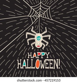 Halloween card with hand drawn hanging spider on black background. Vector hand drawn illustration.